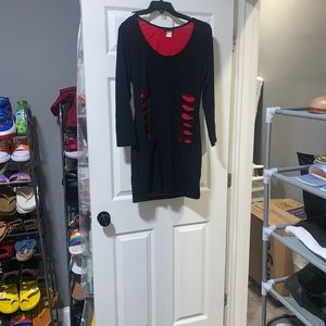 Black and red distressed, long sleeve dress